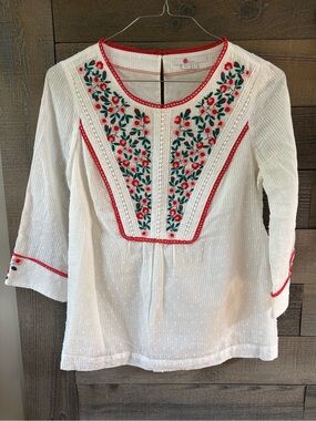 Boden White Tunic with Red and Green Floral Embroidery
